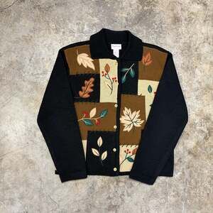Vintage Crystal Kobe Leaves Patchwork Embroidered Button-Up Cardigan Sweater